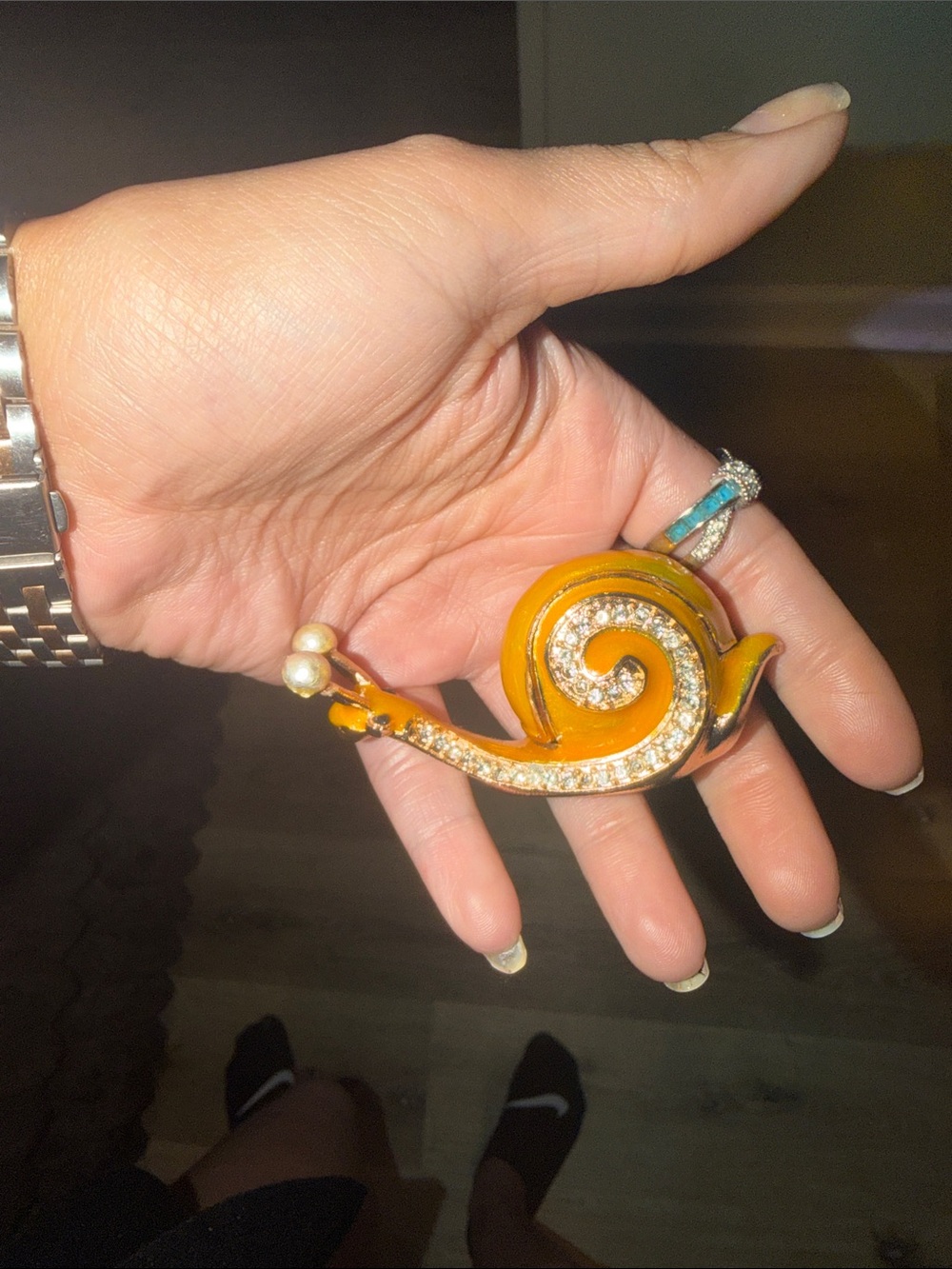 Saks Fifth Avenue Orange Enamel Snail Brooch with Rhinestones